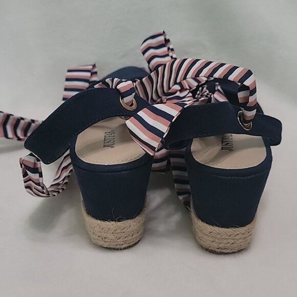 JustFab Navy Blue White Brown Ballet Tie Espadrilles Size 8.5 - Picture 6 of 9